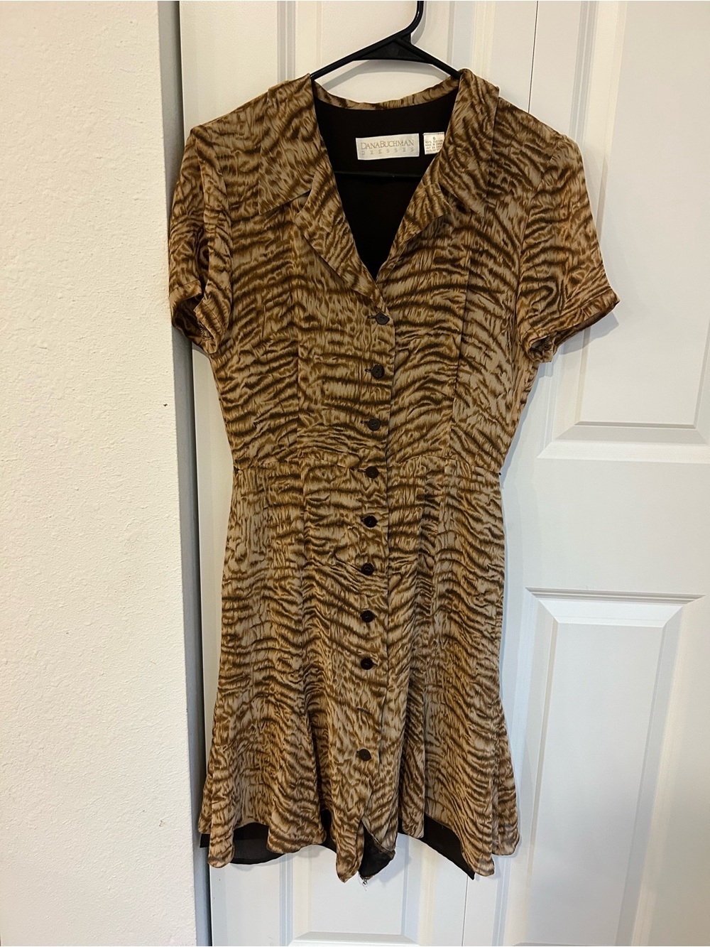 100% Silk Dana Buchman Brown Tiger-Print Button-Front Dress
